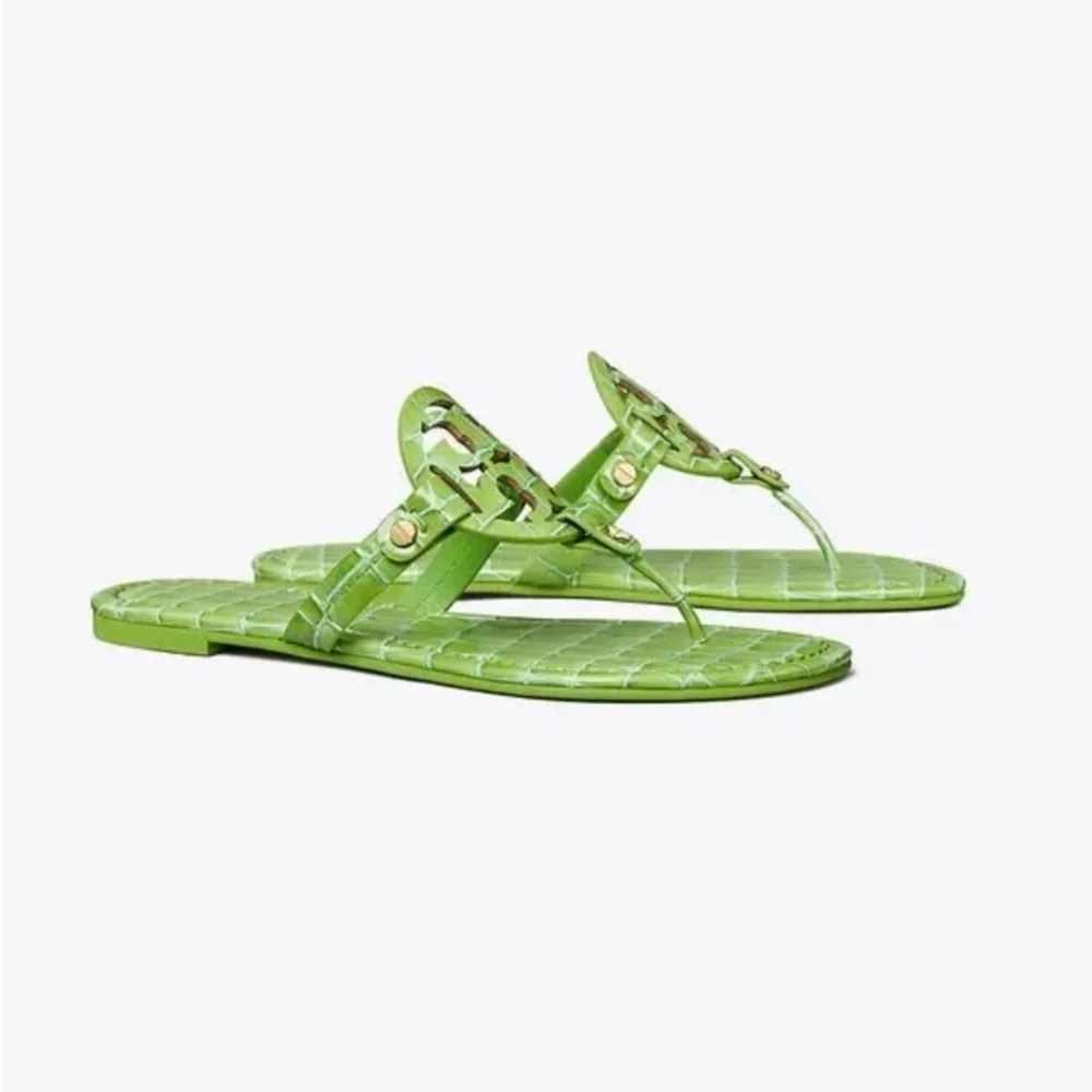 Tory Burch Iconic Croc-Embossed Leather Sandals in Jolly Green, LIKE-NEW! - Picture 2 of 11